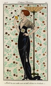 Black Satin Evening Dress Lined with Diamonds (Costumes Parisiens no.46) by Georges Barbier