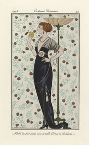 Robe du soir satin noir et tulle bordée de brillants, from Costumes Parisien, pub.1913 by Georges Barbier