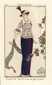 Summer outfit with floral linen blouse and foulard skirt