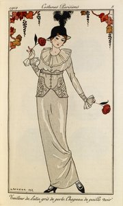 Pearl Grey Satin Dress and Black Straw Hat (Costumes Parisiens no.8)