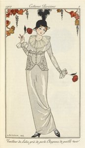 Pearl gray satin suit, black straw hat