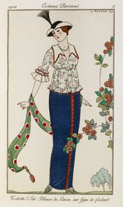 Summer blouse and skirt. A woman wearing a summer blouse and skirt. She holds a green scarf. She wears a hat with a feather.