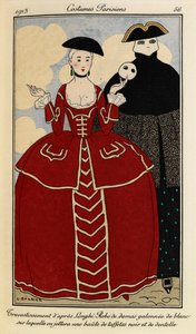 Woman wearing a 19th century dress in red with cream lace, a black hat and carrying a white mask. Costumes Parisiens no.46 by Georges Barbier