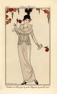 Woman in pearl-grey suit and black straw hat by Georges Barbier