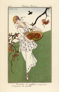 Woman in Straw Hat and Dress of Printed Taffeta