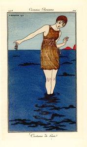 Woman in Swimming Costume Up to Her Ankles in the Sea Holding a Crab by Georges Barbier