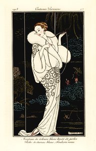 Woman in Velvet Cape, Damask Dress and Pink Slippers by Georges Barbier
