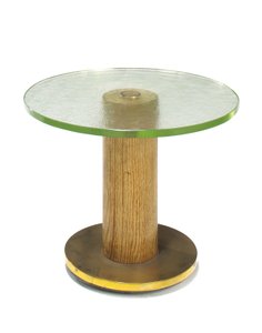 An oak, glass and brass occasional table