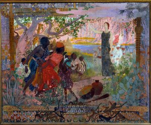 The Conquest of Africa. Allegory about colonialism representing a young white woman solemnly advancing towards frightened African families. Painting by Georges Antoine Rochegrosse (1859-1938) 1900 Paris, Musee du Luxembourg by Georges Marie Rochegrosse