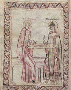 Guido of Arezzo and Bishop Tedald Working on Monochord, 11th Century Miniature