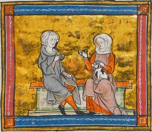 Lancelot in conversation with a lady holding a small black and white dog, from Morte Artu, c. 1315-1325 by Georgia Levan Ramishvili from Tbilisi
