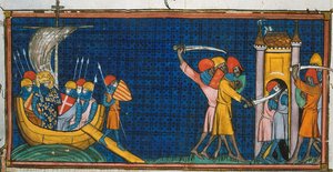 Louis IX Landing at Tunis, and French Being Cut Off by Saracens in Tower, from Chronicles of France or St Denis, 14th Century