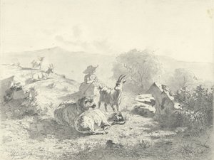 Shepherdess with Goats and Sheep in a Mountainous Landscape
