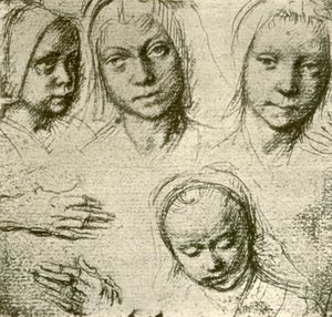 Four Heads of a Young Girl and Two Hands by Gerard David