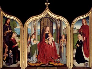 Triptych of the Sedano Family: In the Center the Virgin and the Child Between Two Musical Angels, on the Left John of Sedano and His Son Presented by Saint John the Baptist, on the Right His Wife and Saint John the Evangelist