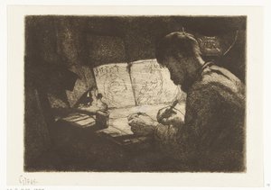Self-Portrait at the Drawing Table by Gerard Jan Bos (signed by artist)