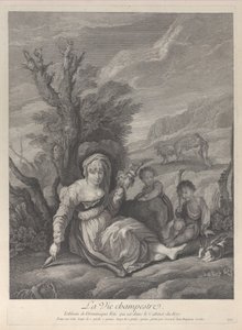 A country woman sitting in landscape with two boys at her side by Gerard Jean Baptiste Scotin