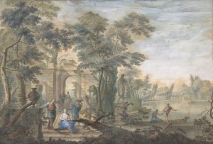 Arcadian Landscape with several Figures and a Statue of Diana by Gerard Melder