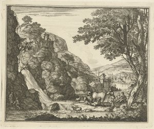 Shepherd with Animals near a Waterfall by Gerard Melder