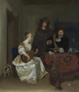 A Woman Playing a Theorbo to Two Men, ca 1668