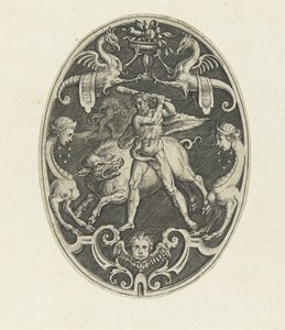 Flat Decoration: Hercules Captures the Erymanthian Boar (Oval Flat Decorations with the Deeds of Hercules in Grotesques series) by Gerard de Jode