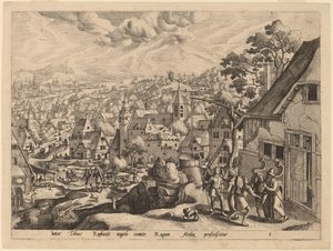 The Archangel Raphael Takes Tobias from His Home by Gerard de Jode after Hans Bol
