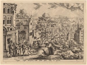 Tobias Arrives at the House of Raguel by Gerard de Jode after Hans Bol