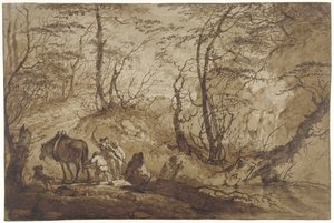 On a Forest Path, a Horse Pulls a Tree from a Puddle, Led by Four Men by Gerard van Nijmegen