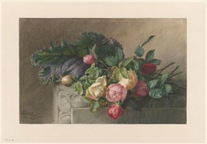 Still Life with Roses and Cabbage Leaf by Gerardina Jacoba van de Sande Bakhuyzen