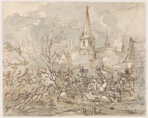 Cavalry Battle at the Capture of a Village by Gerardus Emaus de Micault