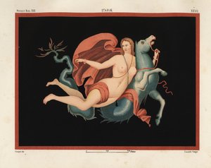 A Nereid (Sea Nymph) in Mantle and Bracelets Riding on a Sea Monster or Hippocampus, Half Horse and Half Fish. Museo Naz. XXII, Stabiae. Drawn and Chromolithographed by Victor Steeger from Emile Presuhn (1844-1878) The Most Beautiful Paintings of Pompeii by Geremia Discanno