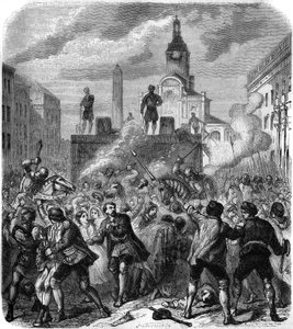 Stockholm bloodshed, massacres of Swedish national resistance leaders ordered by King Christian II of Denmark, 8 November 1520: the army tries to calm the anger of the population, forced to watch the executions. Engraving by Gerlier