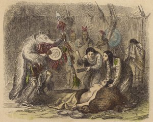 A Native American Medicine Man Reciting an Incantation to Cure Sickness (Coloured Engraving)