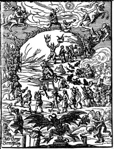 A Sabbath Ceremony, a Goat Representing the Devil is in the Centre, Surrounded by Witches and Demons. German Engraving of the 16th Century by German School