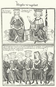 A depiction of the Sangerkrieg, a contest between minstrels at the Wartburg castle in Thuringia in 1207, from the Codex Manesse by German School