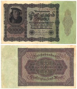 A Fifty Thousand Mark Banknote, 1922 (recto and verso)