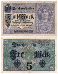 A Five Mark Banknote, 1917 (recto and verso)