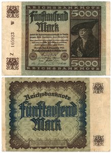 A Five Thousand Mark Banknote, 1922 (recto and verso)