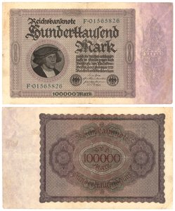 A Hundred Thousand Mark Banknote, 1923 (recto and verso)