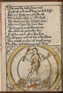 A naked female figure holding a burning torch. A scorpion representing Scorpio.