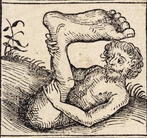 A Sciopod, Man with a Swollen Foot, from Registrum Hujus Operis Libri Cronicarum cum Figuris et Imagibus ab Inicio Mundi, by Hartmann Schedel