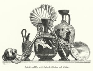 Ancient Greek toiletries vessels together with a mirror, scrapers and fans