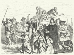 Arrival of French Huguenot immigrants in Brandenburg after the Great Elector Frederick William issued the Edict of Potsdam in 1685 (engraving)