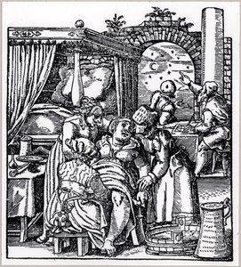 Astrologers Casting a Horoscope for the Child Being Born to a Woman in a Birth Chair, from De Conceptu et Generatione Hominis by Jacob Rueff, Published in Frankfurt, 1587 by German School