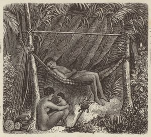 Brazilian native resting in a hammock (engraving)