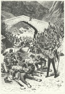British soldiers taking advantage of a pause in the fighting to take a drink of water at the Battle of Talavera