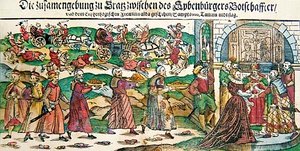 Broadsheet newspaper account and illustrations of the proxy marriage in March 1595 of Archduchess Maria Christina of Austria with the ambassador of Sigismund Báthory, Prince of Siebenbürgen (Transylvania) and of the Battle of Călugăreni in August 1595, c.1