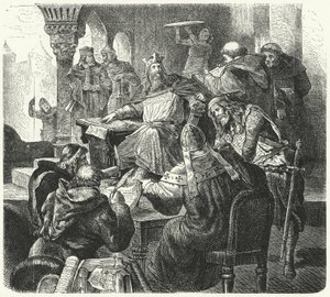 Charlemagne consulting with scholars and clergymen