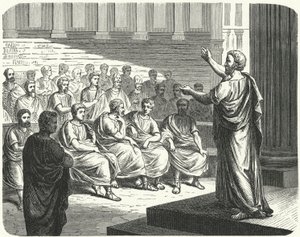 Demosthenes speaking against Philip II of Macedon by German School
