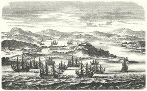 Departure of a Spanish silver fleet (engraving) by German School